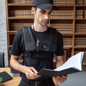 A process server wearing a body-worn camera while serving legal documents.