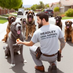 Friendly legal process server treats large dogs during document delivery