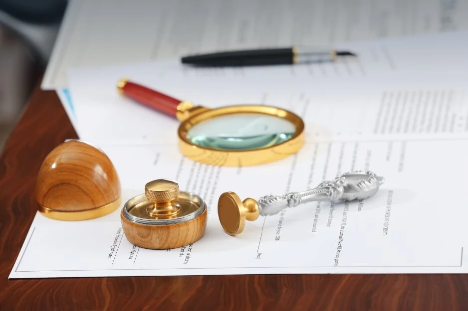 Legal documents, notary seal, and pen on a deck for notarization.