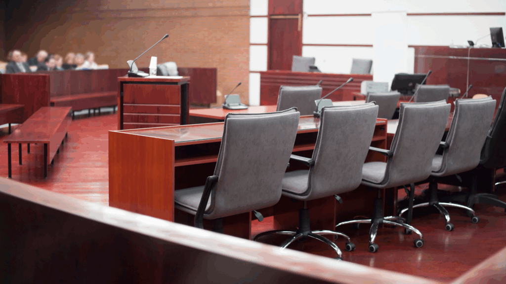 Courtroom setup with microphones and legal seating – court reporting environment